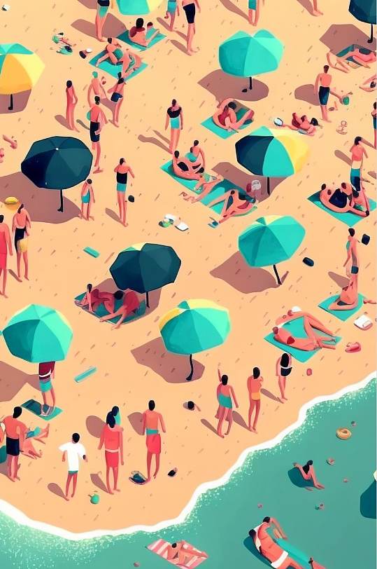 AI数字艺术野餐夏季美食音乐海边游泳人物插画