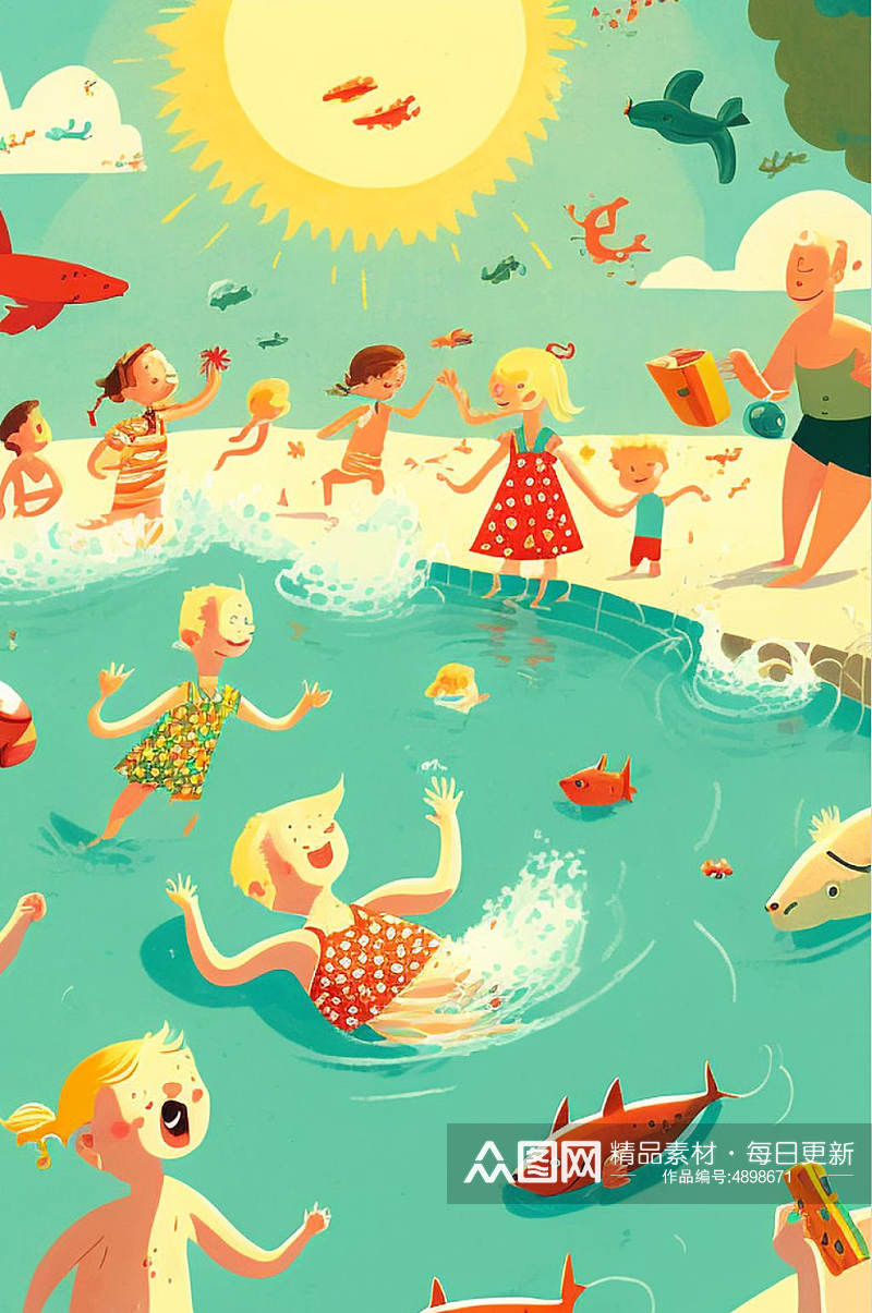 AI数字艺术野餐夏季美食海边游泳人物插画素材