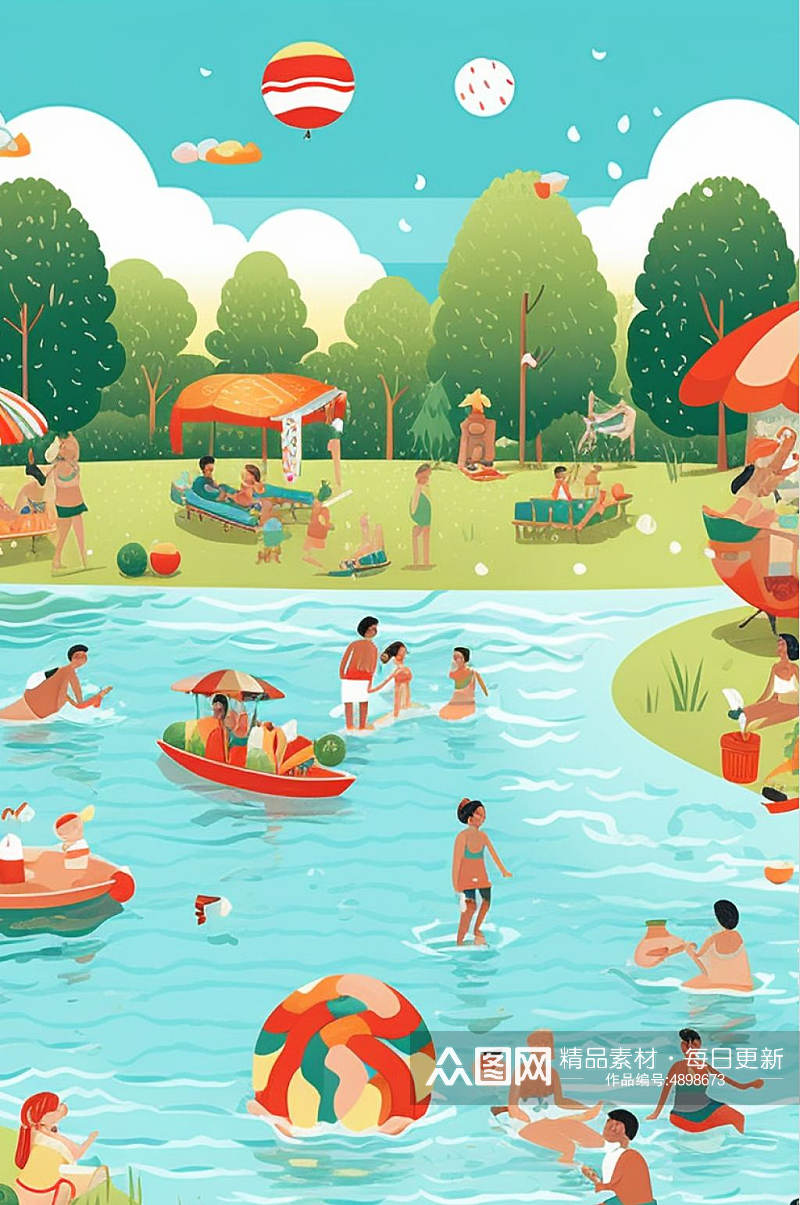 AI数字艺术野餐夏季美食音乐节露营游泳人物插画素材