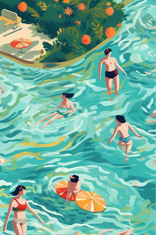 AI数字艺术野餐夏季美食音乐海边游泳人物插画