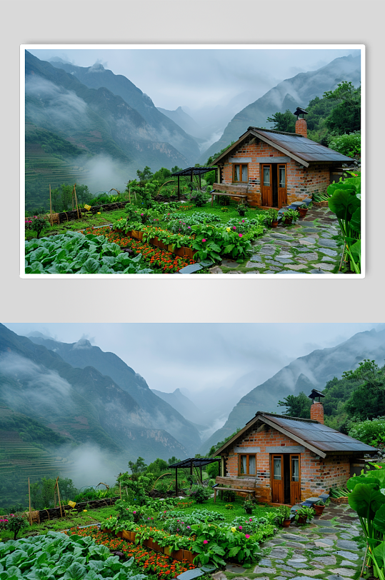 AI数字艺术山间小屋乡村摄影图