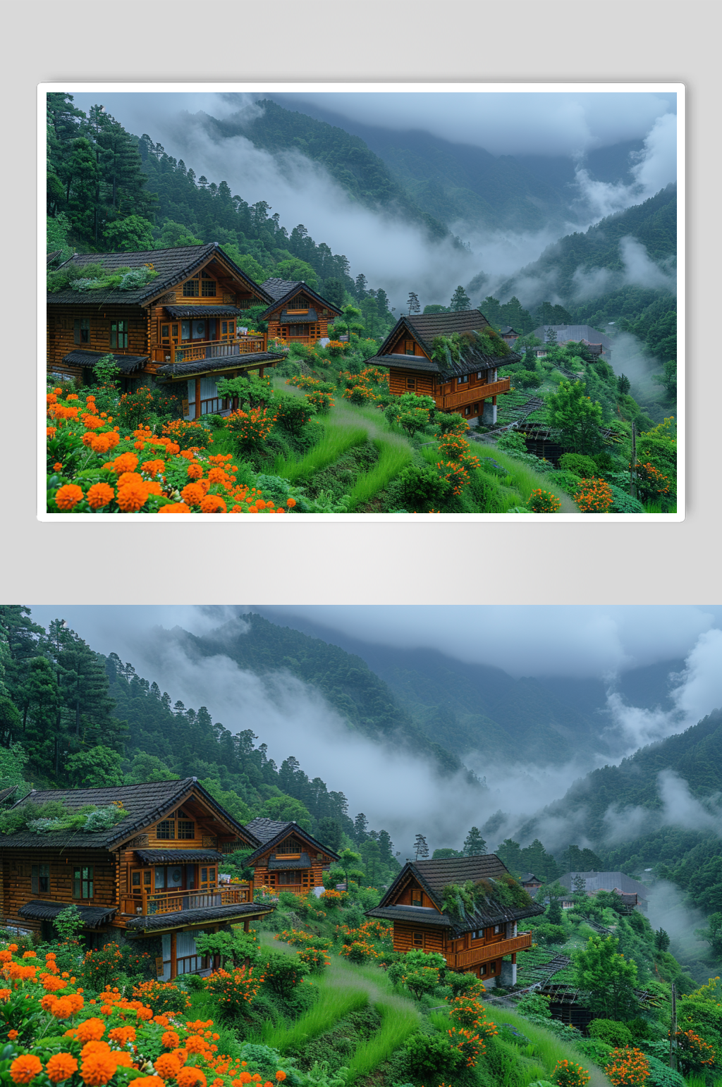 AI数字艺术山间小屋乡村摄影图素材