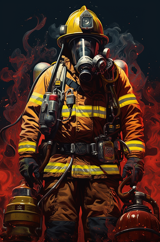 AI数字艺术消防救援人物插画