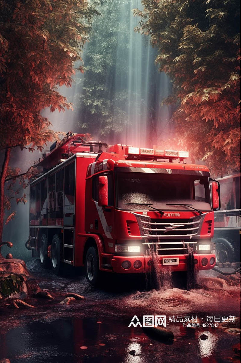 AI数字艺术卡通创意消防车交通工具图片素材