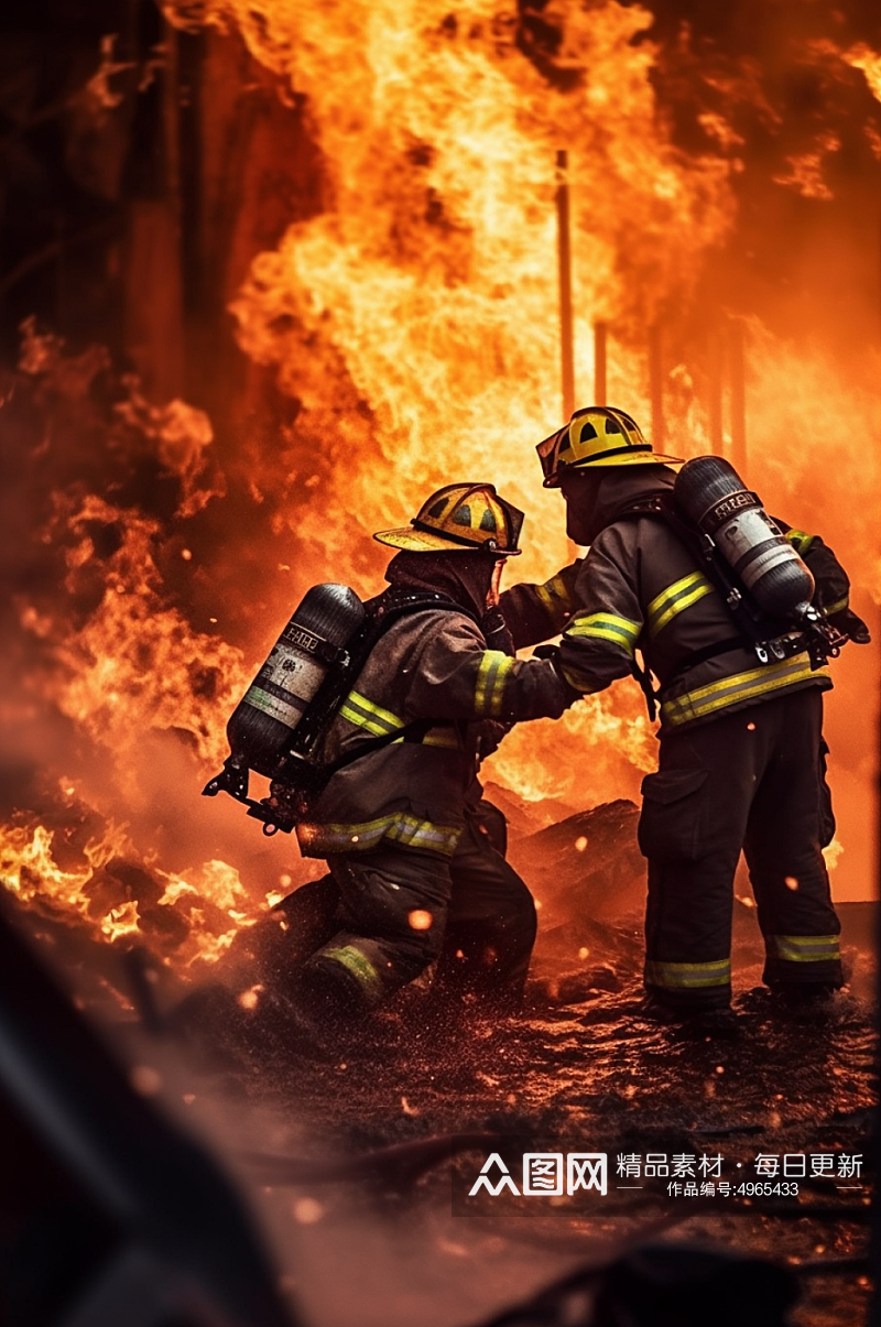 AI数字艺术清晰消防员救火背影图片素材