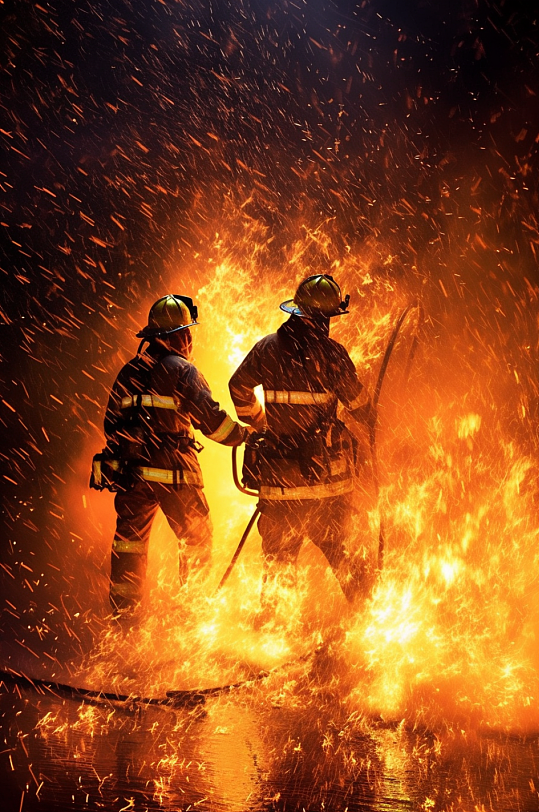 AI数字艺术清晰消防员救火背影图片-众图网