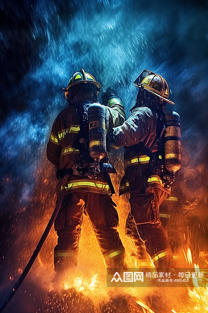 AI数字艺术高清消防员救火背影图片素材