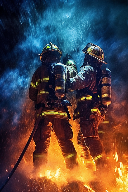 AI数字艺术高清消防员救火背影图片