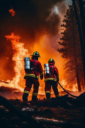 AI数字艺术消防员救火背影图片