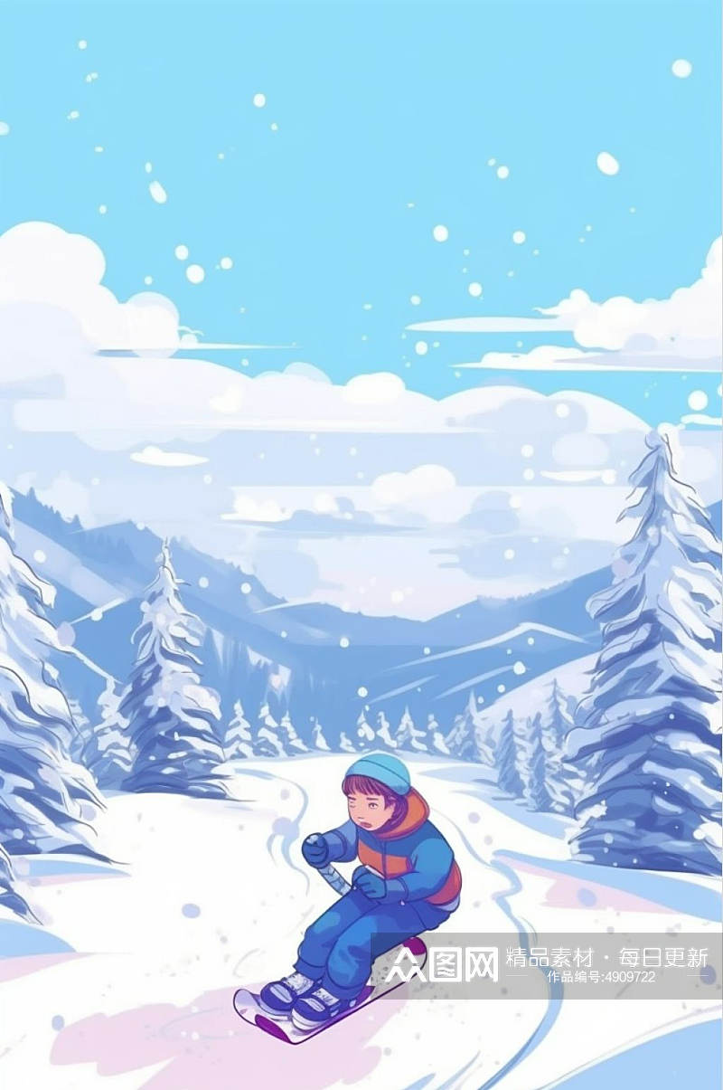 AI数字艺术小男孩滑雪二十四节气小寒插画素材