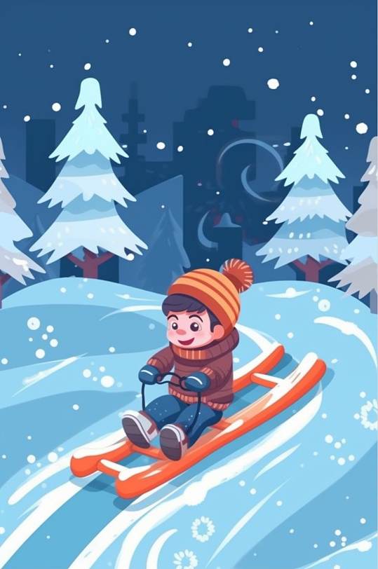 AI数字艺术小男孩滑雪二十四节气小寒插画