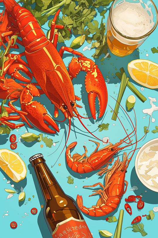 AI数字艺术小龙虾美食插画-众图网