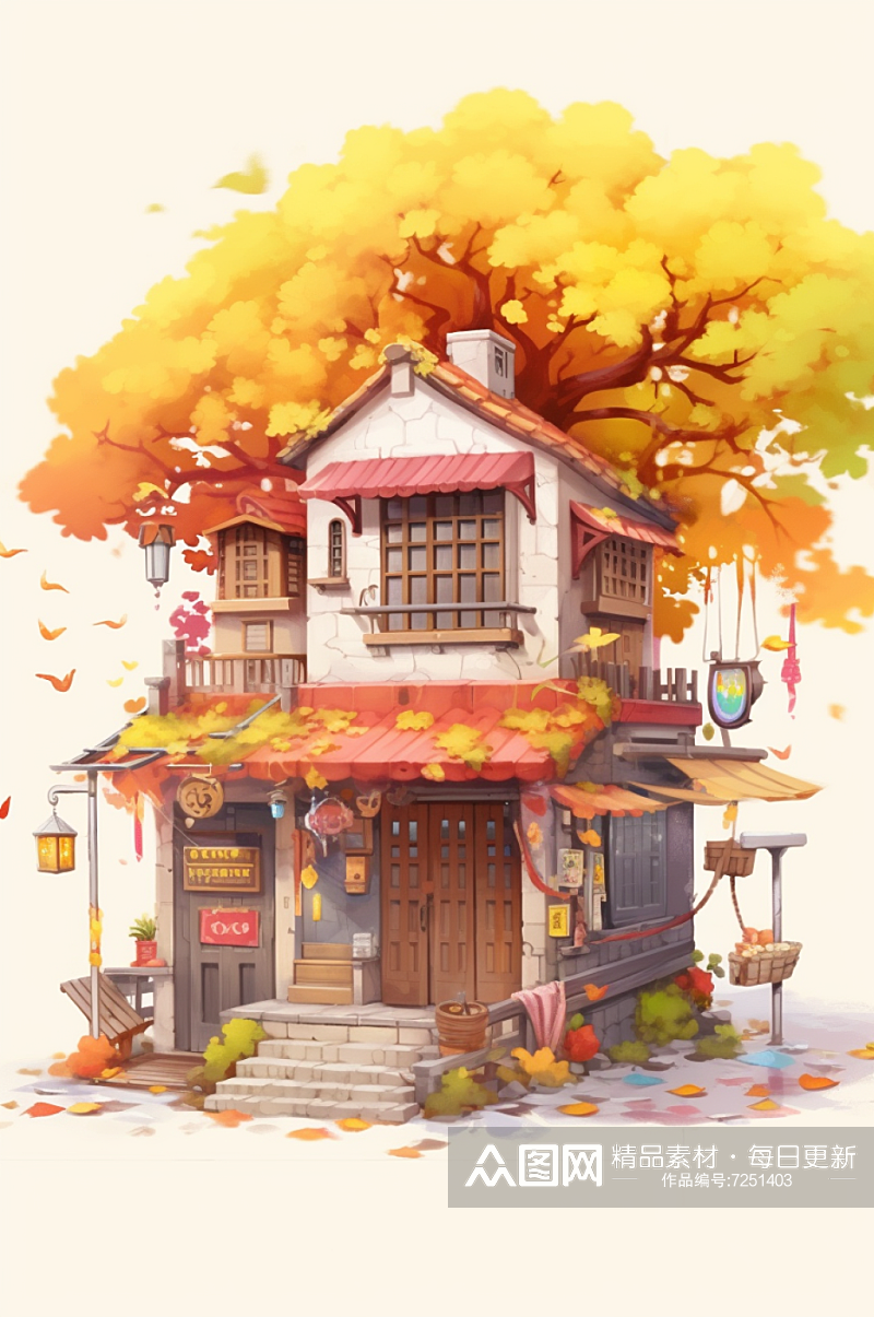 AI数字艺术小卖部落叶手绘建筑秋季插画素材