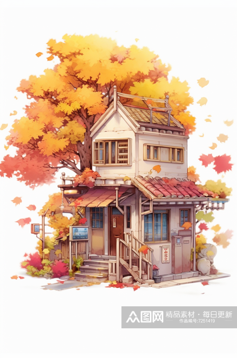 AI数字艺术小卖部落叶手绘建筑秋季插画素材