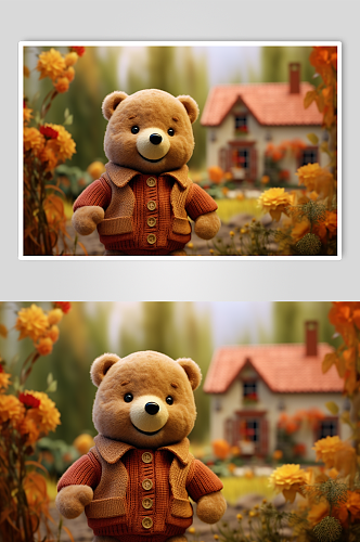 AI数字艺术毛绒风秋天秋季小熊娃娃模型