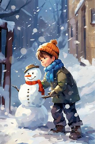 AI数字艺术男孩堆雪人二十四节气小雪插画