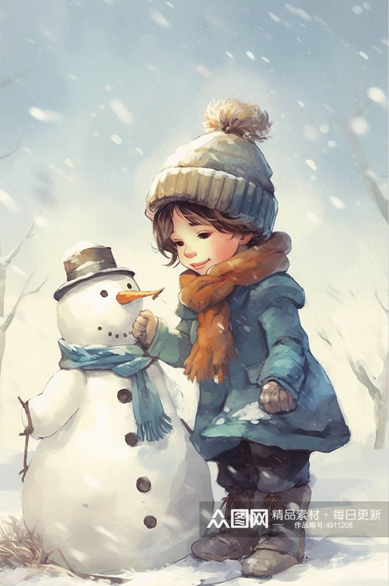 AI数字艺术女孩堆雪人二十四节气小雪插画素材