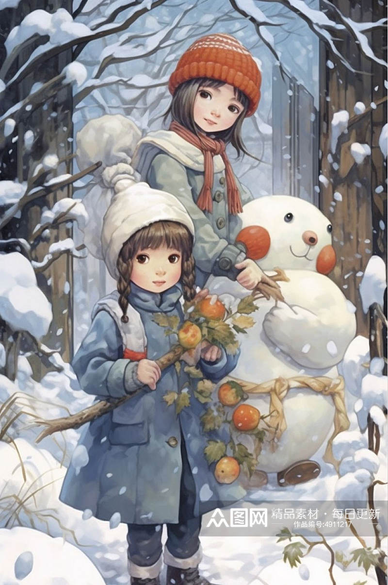 AI数字艺术手绘女孩二十四节气小雪插画素材