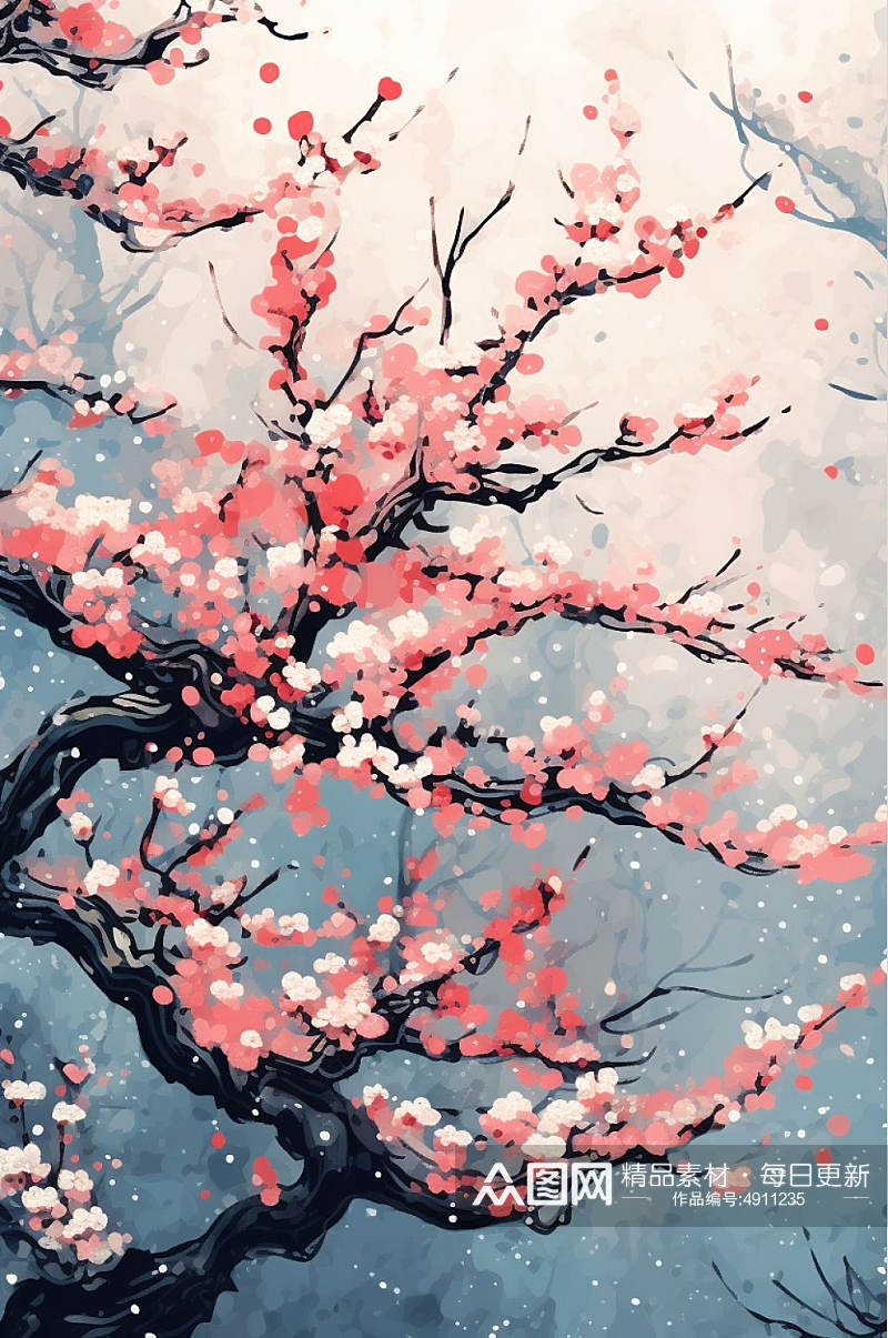 AI数字艺术手绘梅花二十四节气小雪插画素材