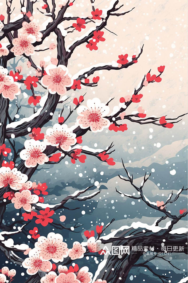 AI数字艺术手绘梅花二十四节气小雪插画素材