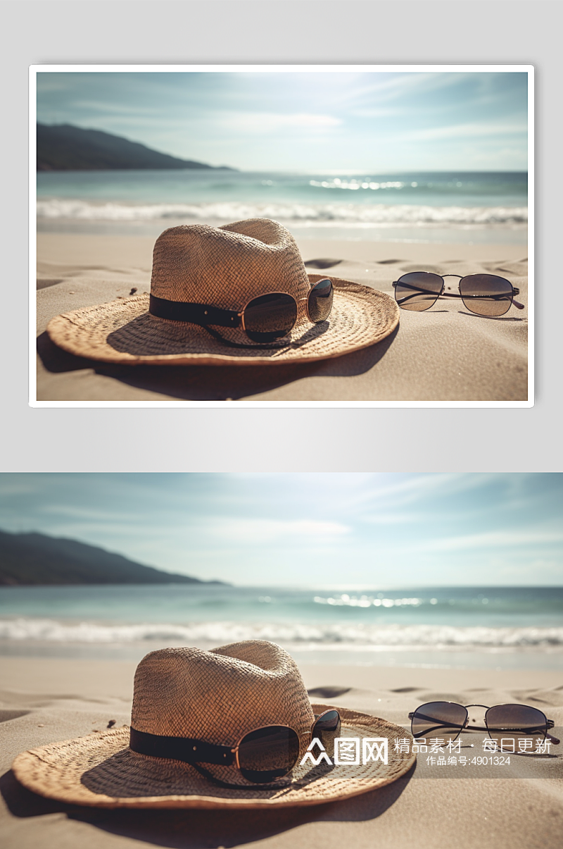 AI数字艺术简约草帽夏季夏日海边摄影图片素材