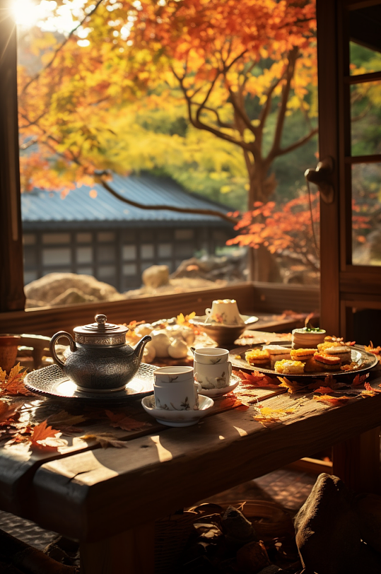 AI数字艺术秋季围炉煮茶文艺喝茶下午茶氛围摄影图