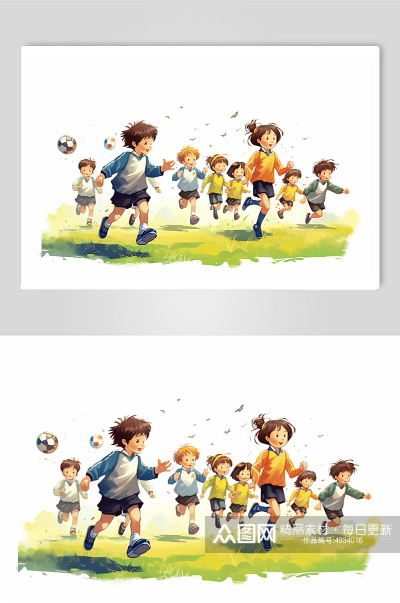 AI数字艺术创意小朋友踢球兴趣班培训插画素材