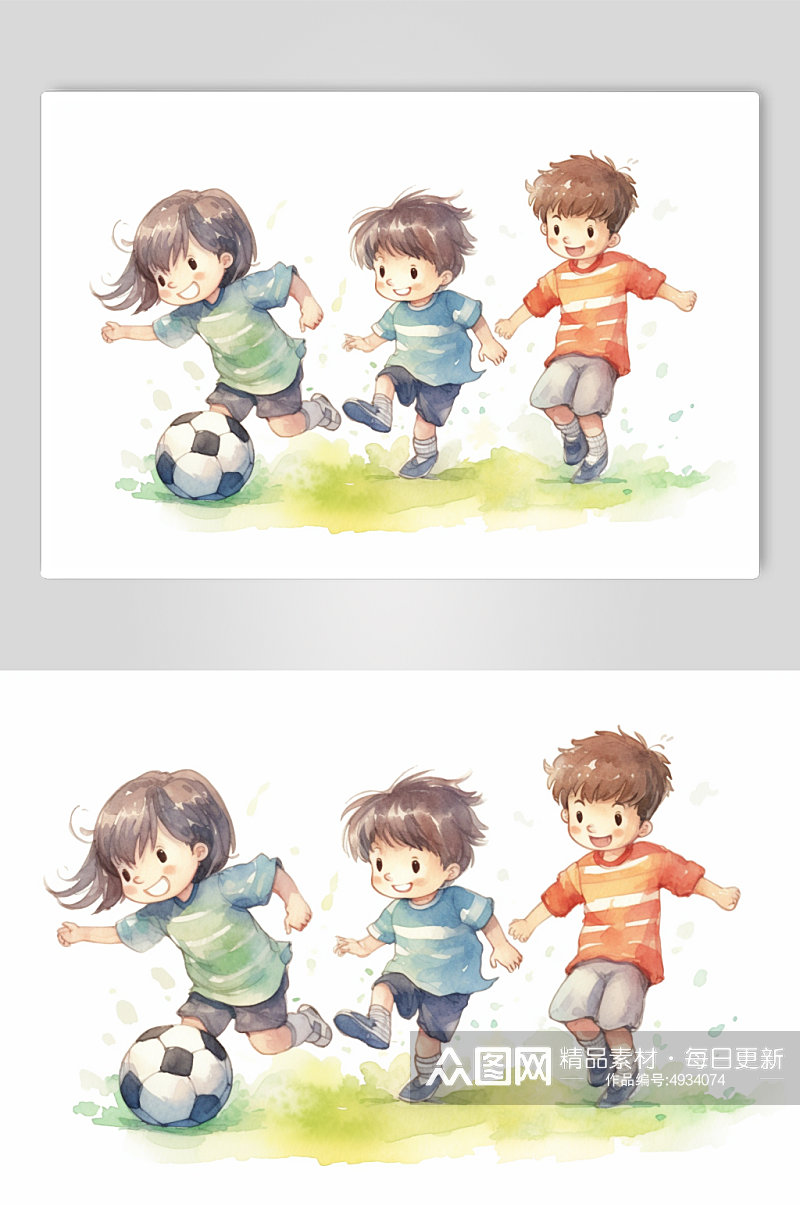 AI数字艺术卡通小朋友踢球兴趣班培训插画素材