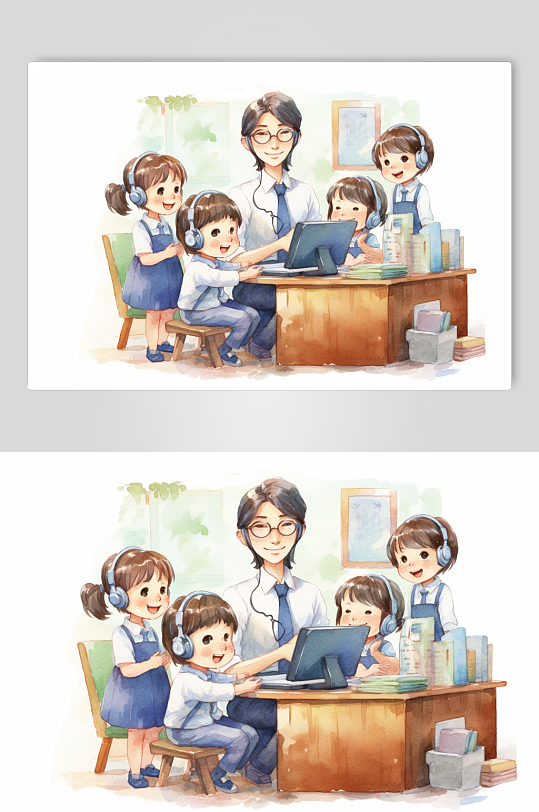 AI数字艺术卡通小朋友上课兴趣班培训插画-众图网