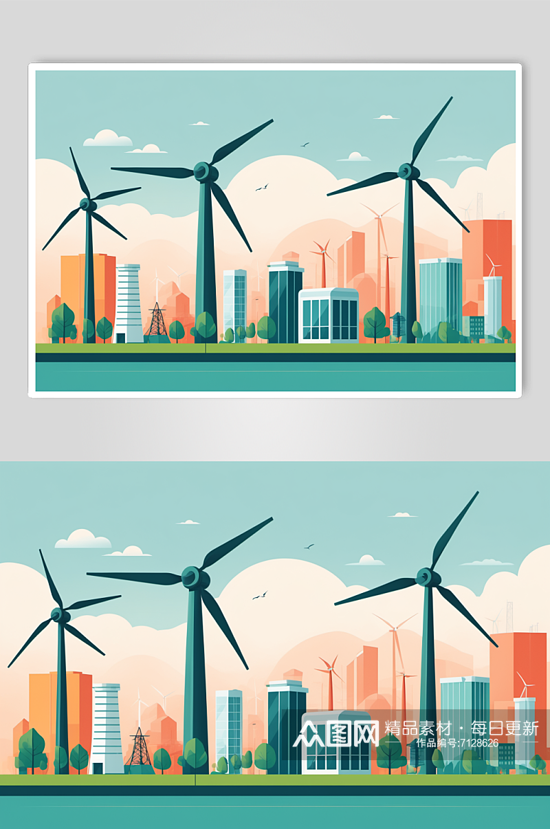 AI数字艺术风力发电涡轮新能源场景插画素材