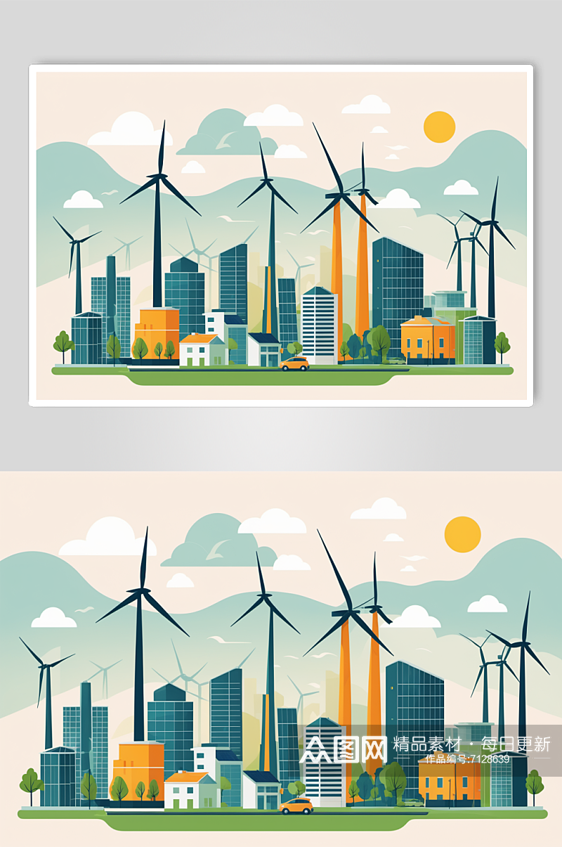 AI数字艺术风力发电涡轮新能源场景插画素材