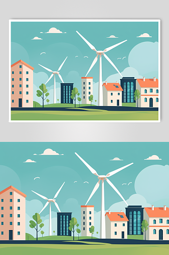 AI数字艺术风力发电涡轮新能源场景插画