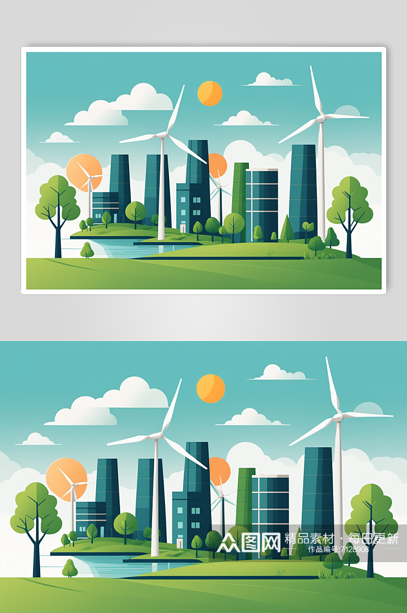 AI数字艺术清洁能源风力发电场景插画素材