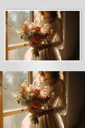 AI数字艺术婚礼少女手捧花束摄影图片