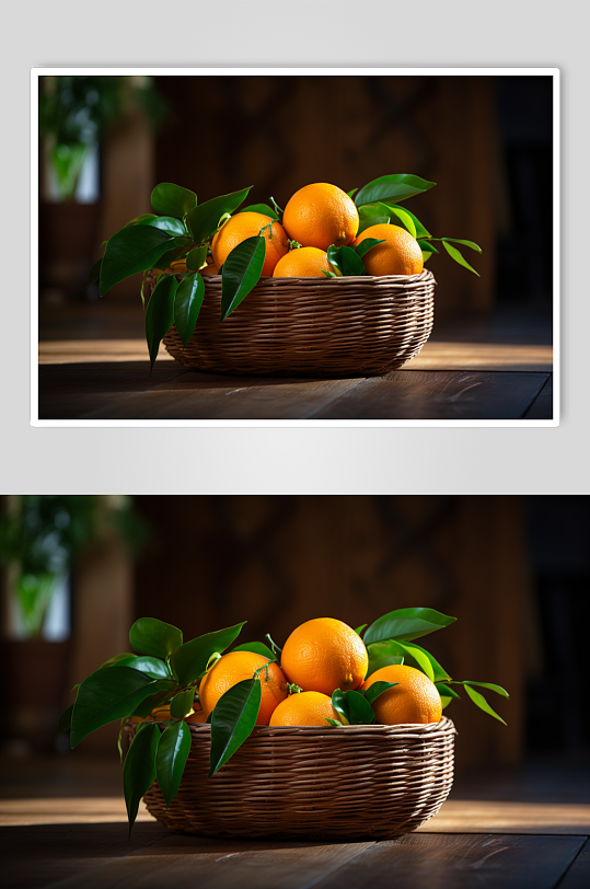 AI数字艺术新鲜采摘柑橘果篮摄影图