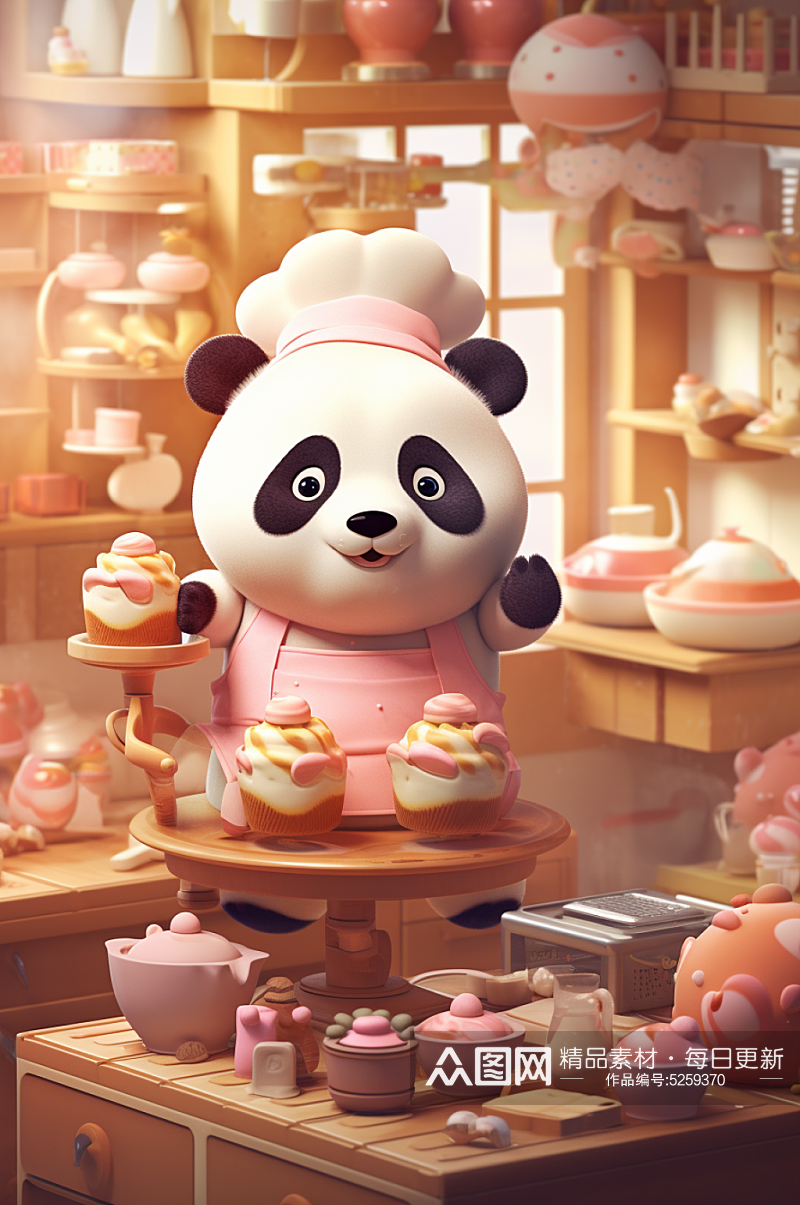 AI数字艺术3D熊猫厨师人物模型素材