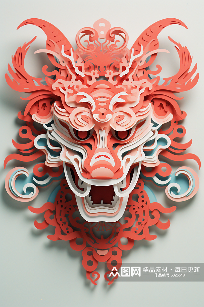 AI数字艺术中国风喜庆龙剪纸图案背景图素材