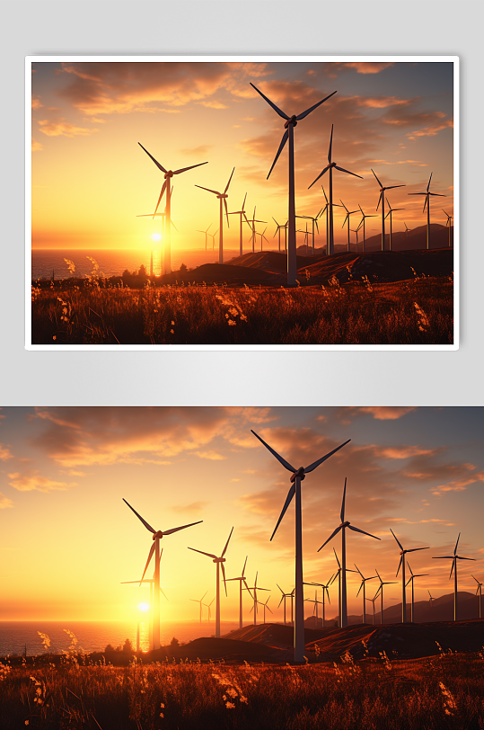 AI数字艺术夕阳下海岸上风力发电机摄影图