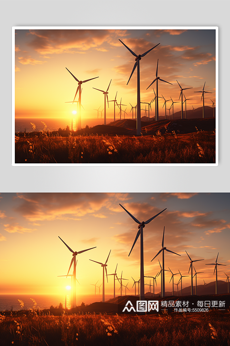 AI数字艺术夕阳下海岸上风力发电机摄影图素材