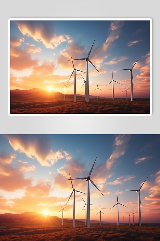 AI数字艺术夕阳下海岸上风力发电机摄影图