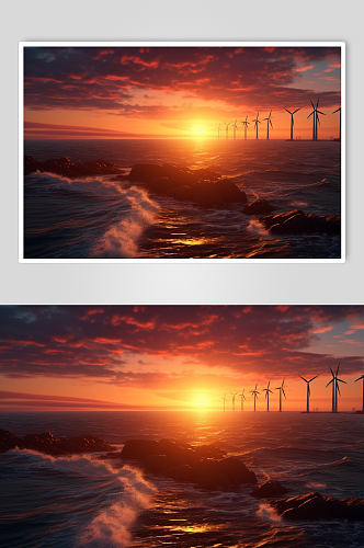AI数字艺术手绘夕阳下风力发电机摄影图片