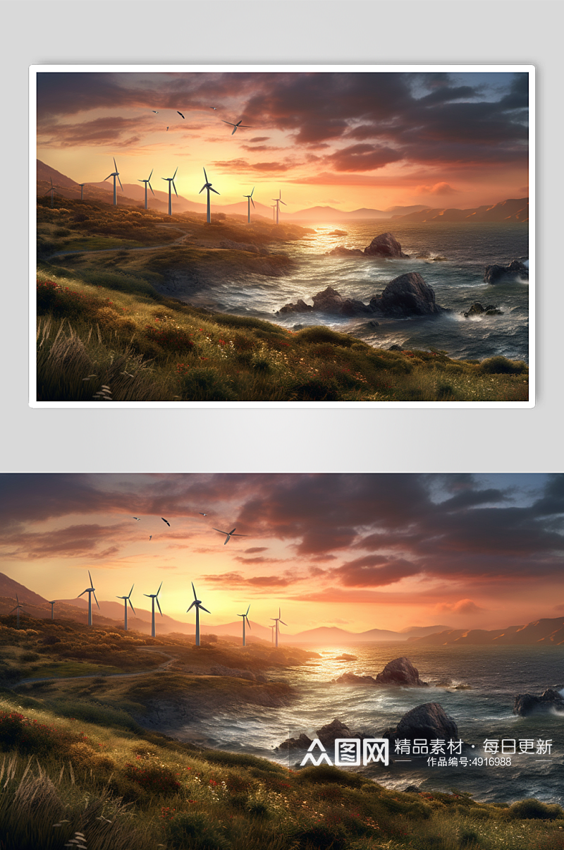 AI数字艺术手绘夕阳下风力发电机摄影图片素材