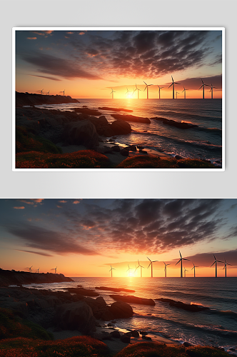 AI数字艺术手绘夕阳下风力发电机摄影图片