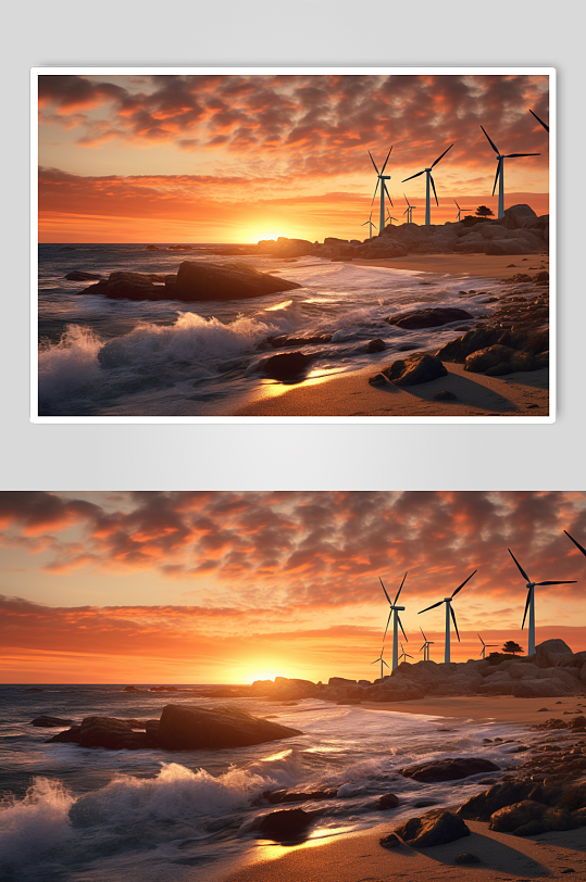 AI数字艺术手绘海岸上风力发电机摄影图片