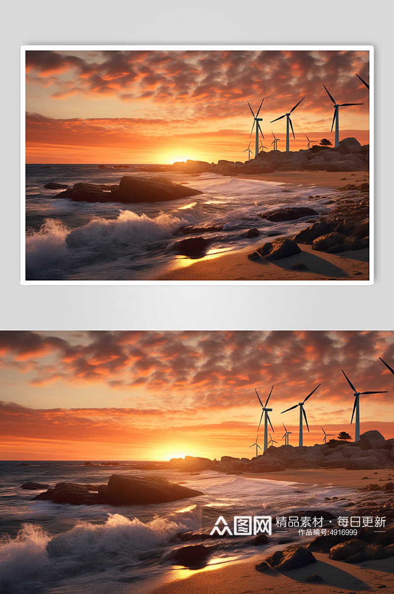 AI数字艺术手绘海岸上风力发电机摄影图片素材