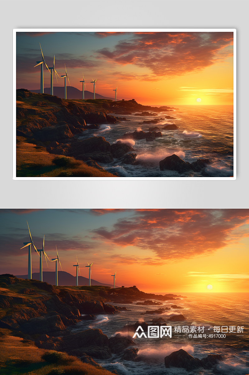 AI数字艺术手绘海岸上风力发电机摄影图片素材
