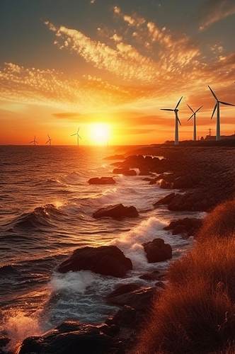 AI数字艺术手绘海岸上风力发电机摄影图片