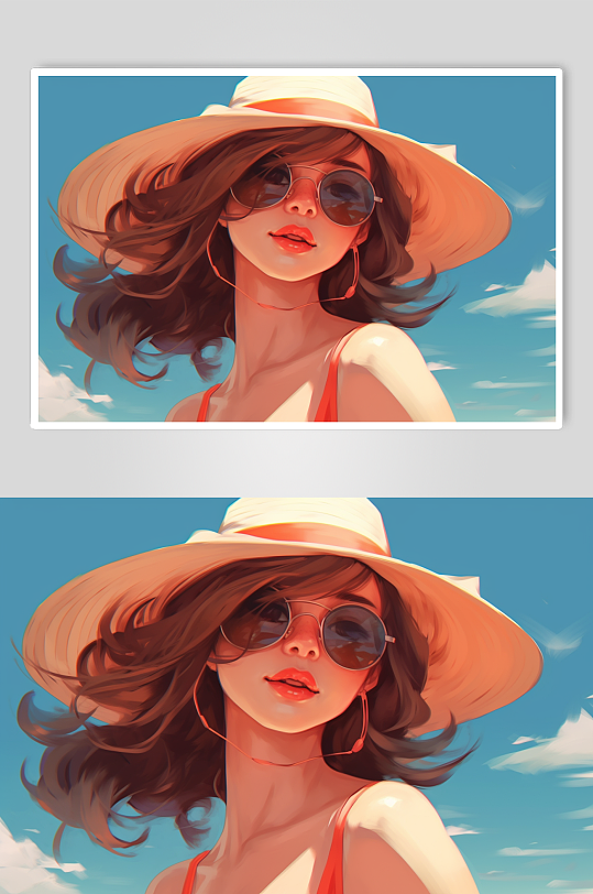 AI数字蒸汽波夕阳夏季小暑人物度假插画-众图网