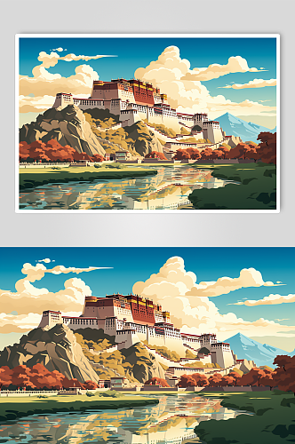 AI数字艺术国内城市西藏旅游景点风景插画