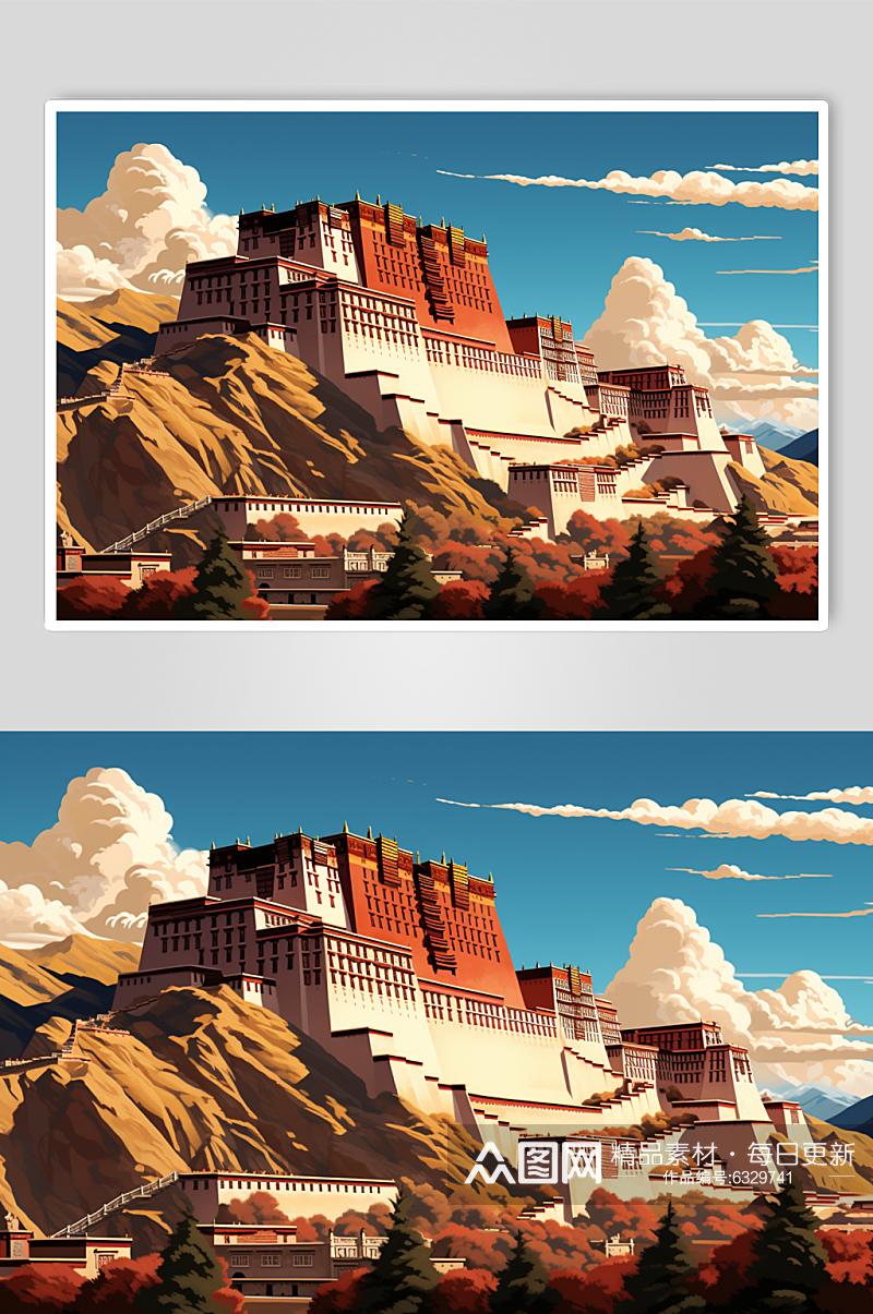 AI数字艺术国内城市西藏旅游景点风景插画素材